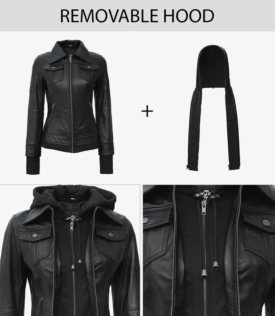 Tralee Women's Black Hooded Leather Jacket